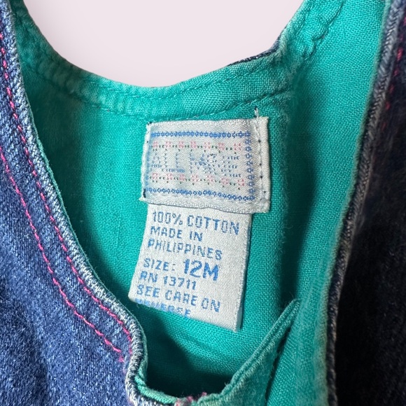 Vintage Baby All Mine Denim Blazer Overall Set Flower Fruit Pink Teal Sz 12 M - Picture 15 of 16